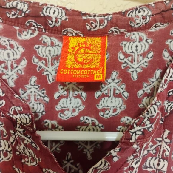 Cotton Cottage Global Block Print Tunic Top M Red White India Cotton - Picture 2 of 5